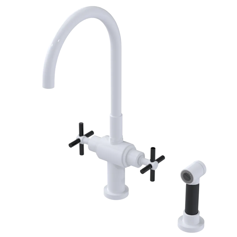Rubinet Two Handle Single Hole Kitchen Set with LaSalle Spout with Hand Spray White