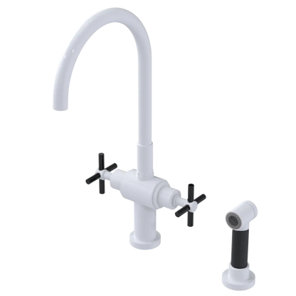 Rubinet Two Handle Single Hole Kitchen Set with LaSalle Spout with Hand Spray White