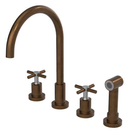 Rubinet Widespread Kitchen Set with LaSalle Spout with Hand Spray Tuscan Brass