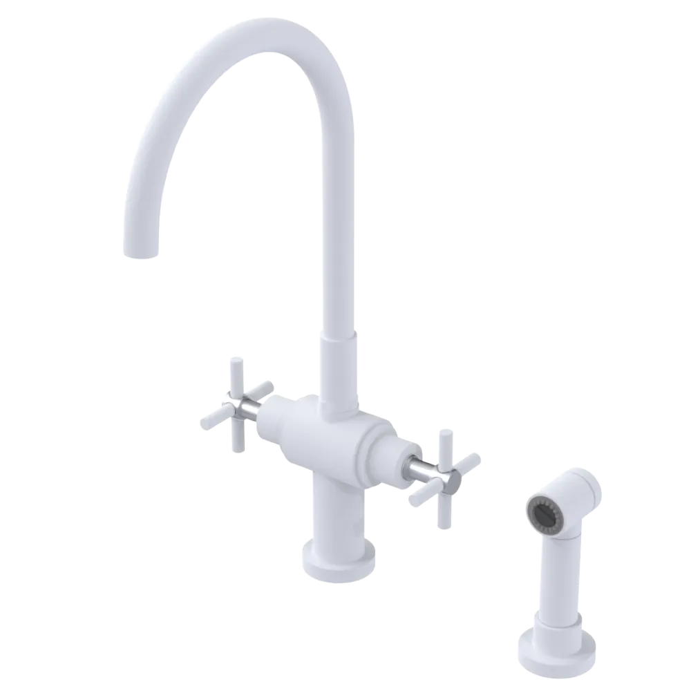 Rubinet Two Handle Single Hole Kitchen Set with LaSalle Spout with Hand Spray Matt White