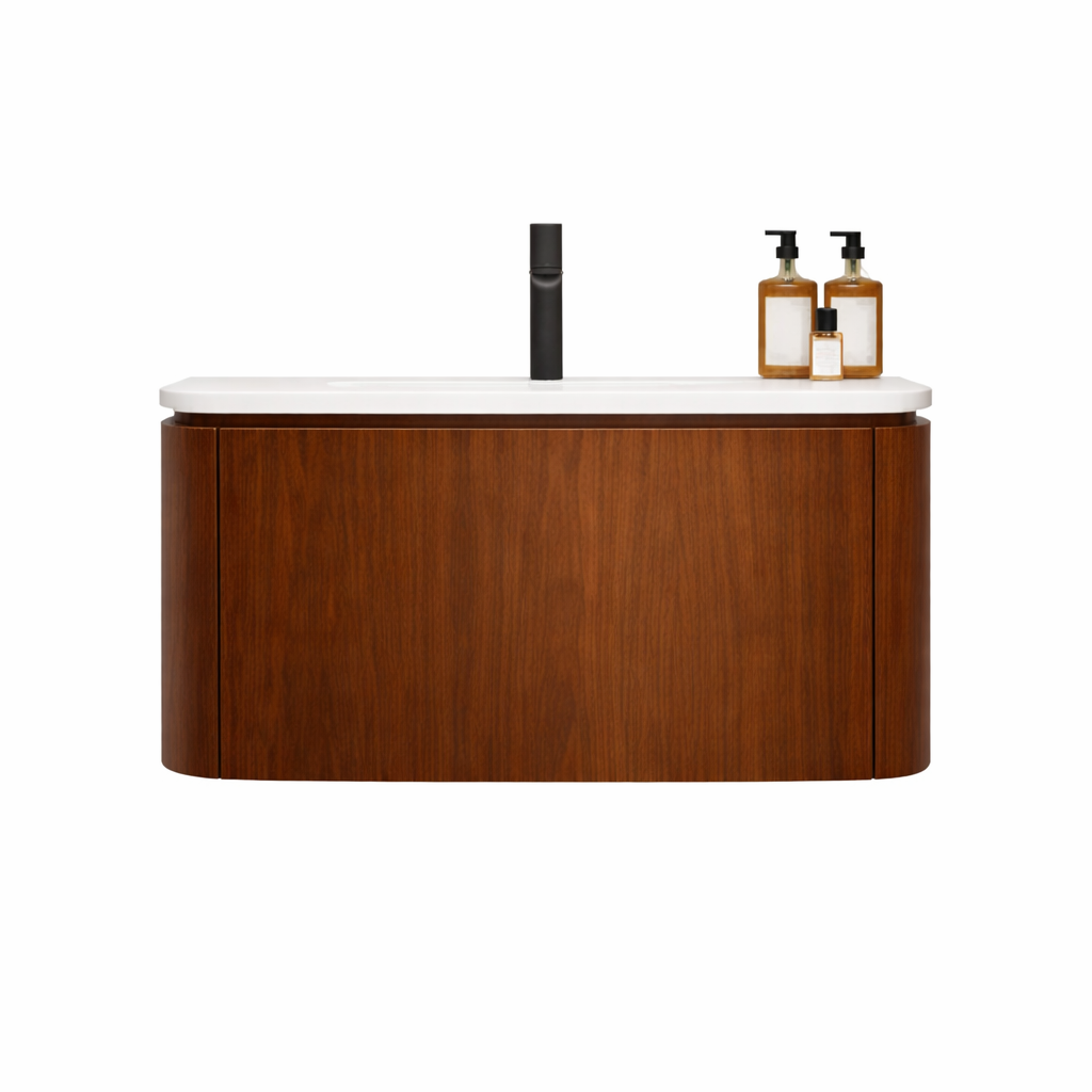 Wooden bathroom vanity with white countertop and black faucet on a white background