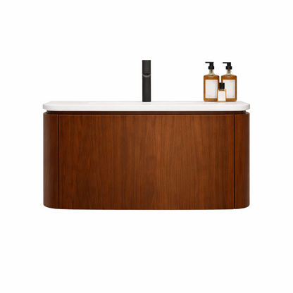 Wooden bathroom vanity with white countertop and black faucet on a white background