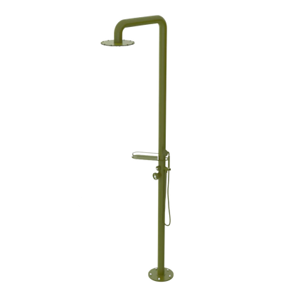 Rubinet Pressure Balance Outdoor Shower with Hand Held Shower & 10" Shower Head (with shelf) - 304 Stainless Steel Green Envy