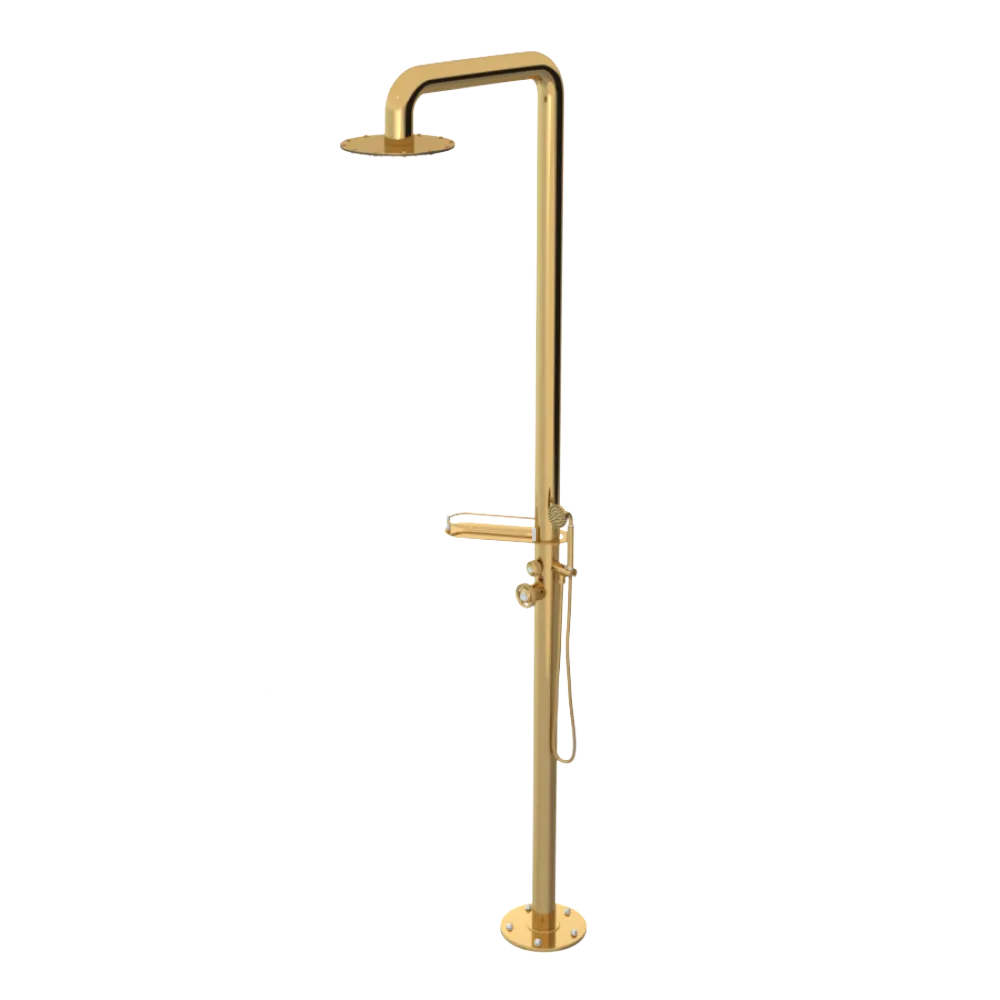 Rubinet Pressure Balance Outdoor Shower with Hand Held Shower & 10" Shower Head (with shelf) - 304 Stainless Steel Gold