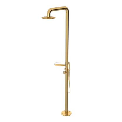 Rubinet Pressure Balance Outdoor Shower with Hand Held Shower & 10" Shower Head (with shelf) - 304 Stainless Steel Gold