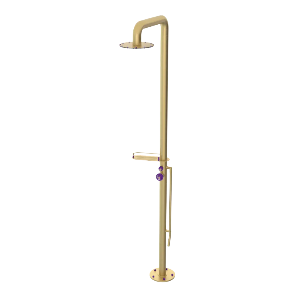 Rubinet Pressure Balance Outdoor Shower with Foot Rinse & 10" Shower Head (with shelf) - 304 Stainless Steel Satin Brass