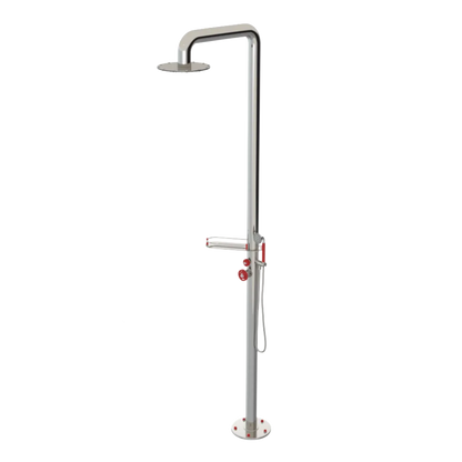 Rubinet Pressure Balance Outdoor Shower with Hand Held Shower & 10" Shower Head (with shelf) - 304 Stainless Steel Polished Nickel
