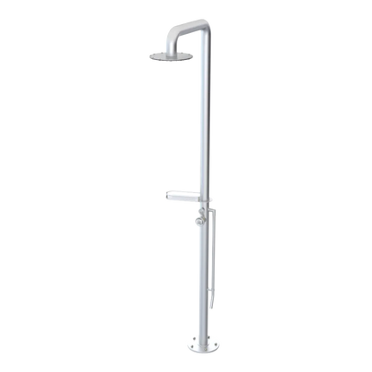 Rubinet Pressure Balance Outdoor Shower with Foot Rinse & 10" Shower Head (with shelf) - 304 Stainless Steel Satin Chrome