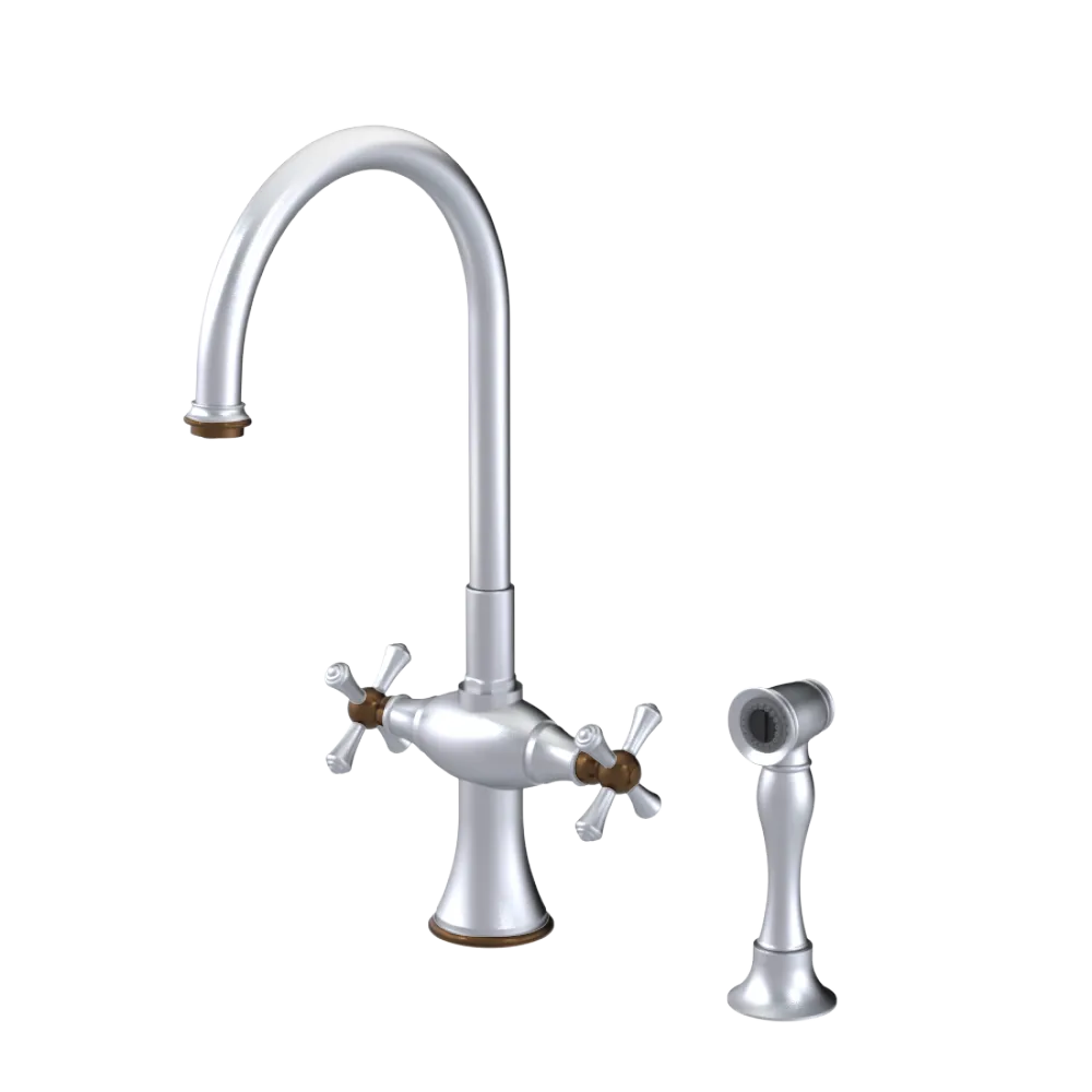 Rubinet Two Handle Single Hole Kitchen Set with Hand Spray Satin Chrome
