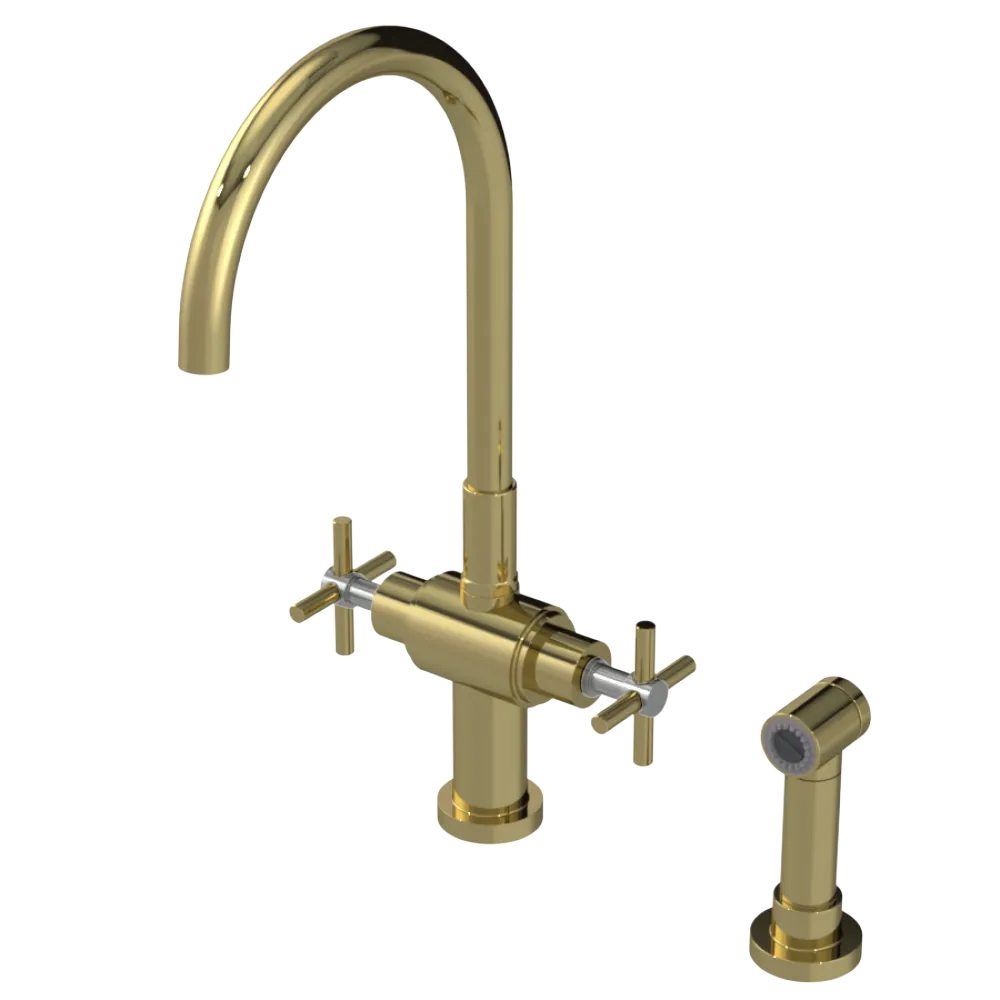 Rubinet Two Handle Single Hole Kitchen Set with LaSalle Spout with Hand Spray Natural Brass
