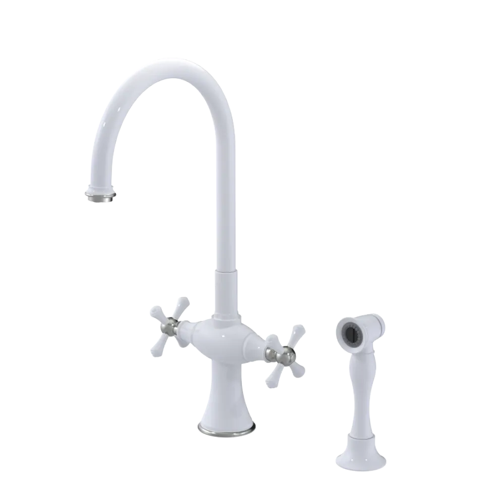 Rubinet Two Handle Single Hole Kitchen Set with Hand Spray White