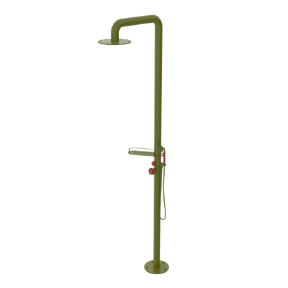 Rubinet Pressure Balance Outdoor Shower with Hand Held Shower & 10" Shower Head (with shelf) - 304 Stainless Steel Green Envy
