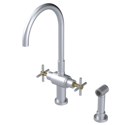 Rubinet Two Handle Single Hole Kitchen Set with LaSalle Spout with Hand Spray Satin Chrome