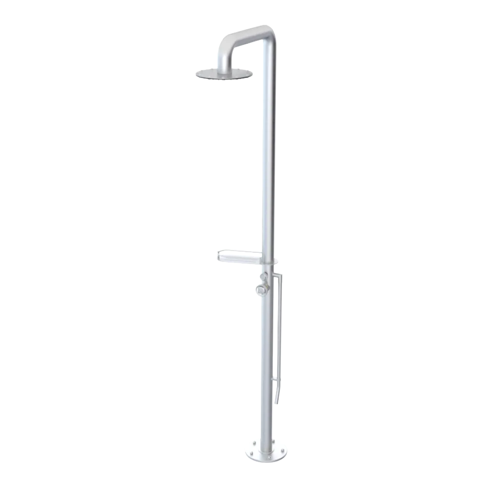 Rubinet Pressure Balance Outdoor Shower with Foot Rinse & 10" Shower Head (with shelf) - 304 Stainless Steel Satin Chrome
