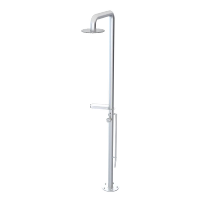 Rubinet Pressure Balance Outdoor Shower with Foot Rinse & 10" Shower Head (with shelf) - 304 Stainless Steel Satin Chrome