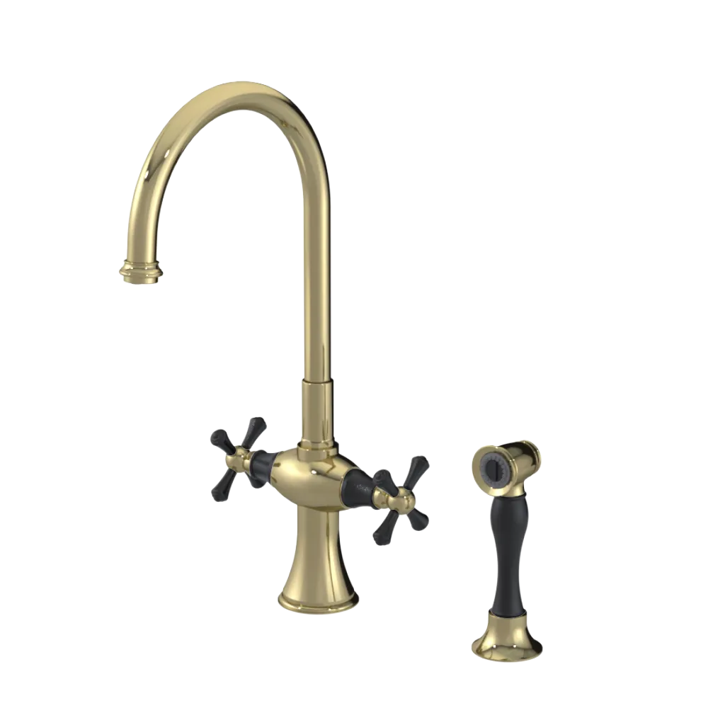 Rubinet Two Handle Single Hole Kitchen Set with Hand Spray Natural Brass