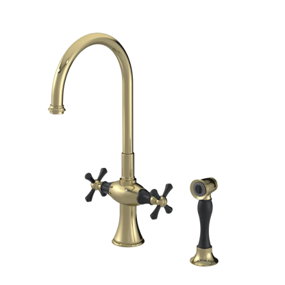 Rubinet Two Handle Single Hole Kitchen Set with Hand Spray Natural Brass