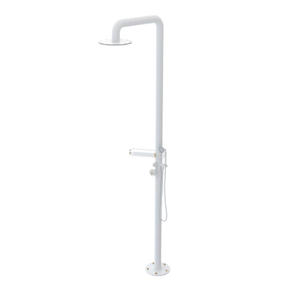 Rubinet Pressure Balance Outdoor Shower with Hand Held Shower & 10" Shower Head (with shelf) - 304 Stainless Steel White