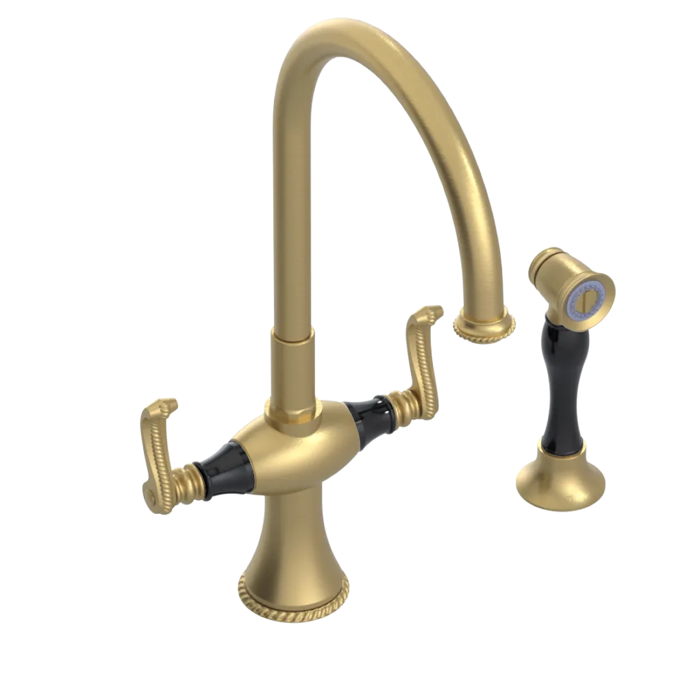 Rubinet Two Handle Single Hole Kitchen Set with Hand Spray Satin Gold