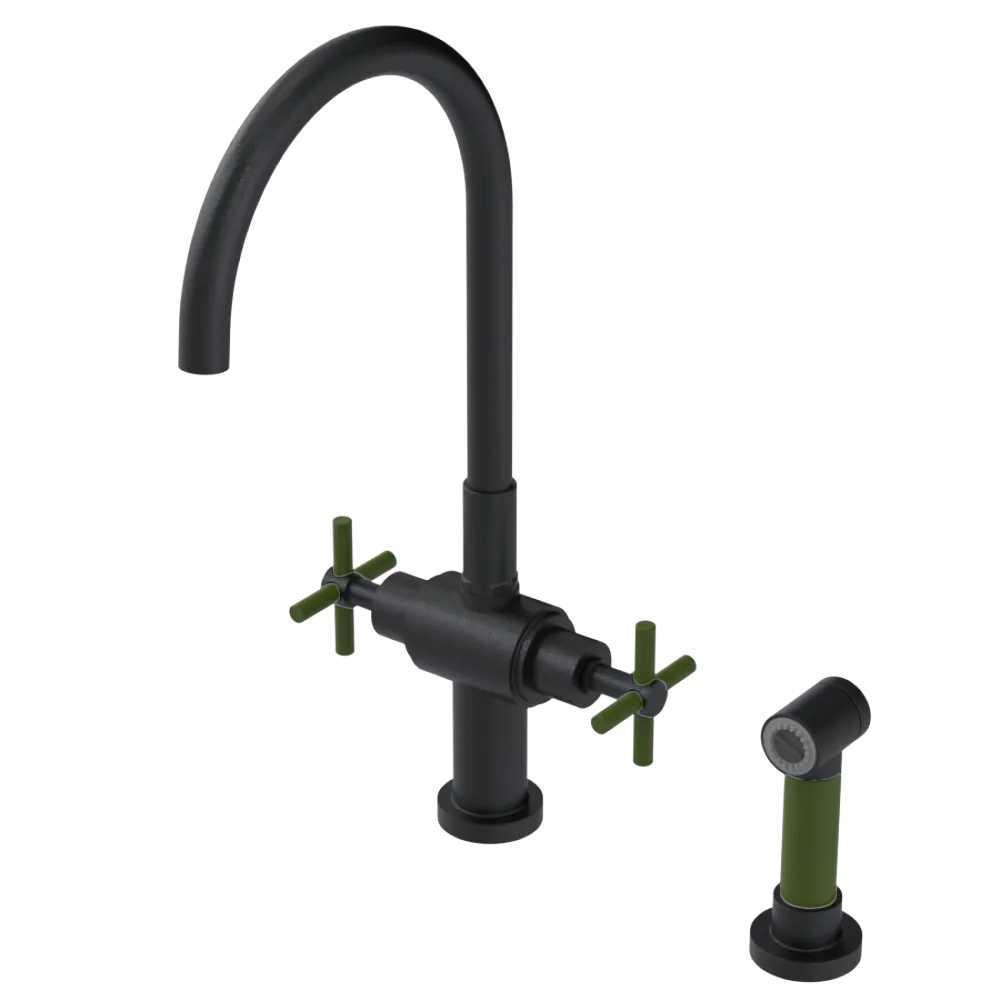 Rubinet Two Handle Single Hole Kitchen Set with LaSalle Spout with Hand Spray Matt Black