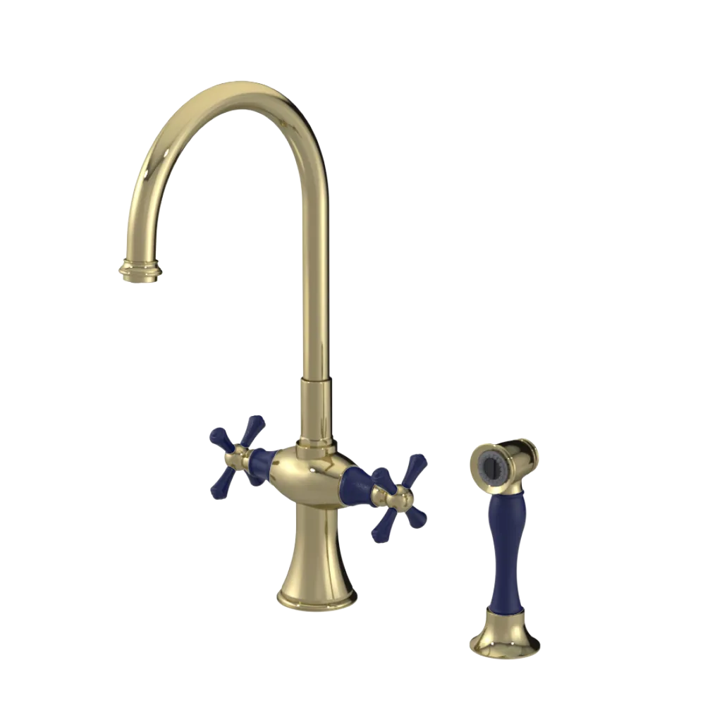 Rubinet Two Handle Single Hole Kitchen Set with Hand Spray Natural Brass