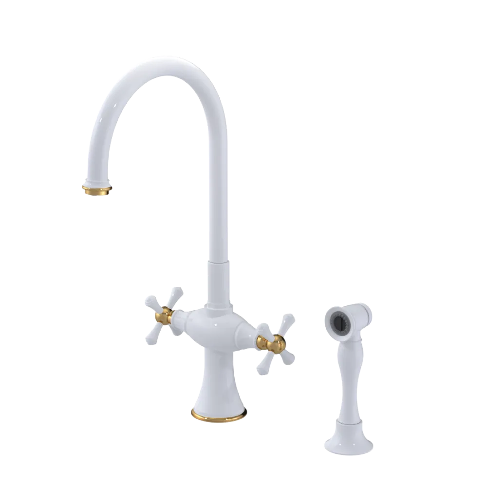 Rubinet Two Handle Single Hole Kitchen Set with Hand Spray White