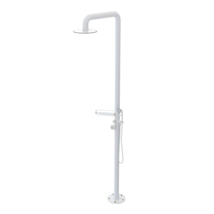 Rubinet Pressure Balance Outdoor Shower with Hand Held Shower & 10" Shower Head (with shelf) - 304 Stainless Steel White