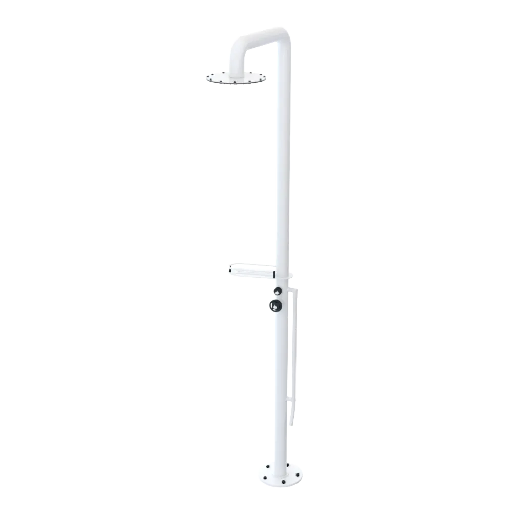 Rubinet Pressure Balance Outdoor Shower with Foot Rinse & 10" Shower Head (with shelf) - 304 Stainless Steel White