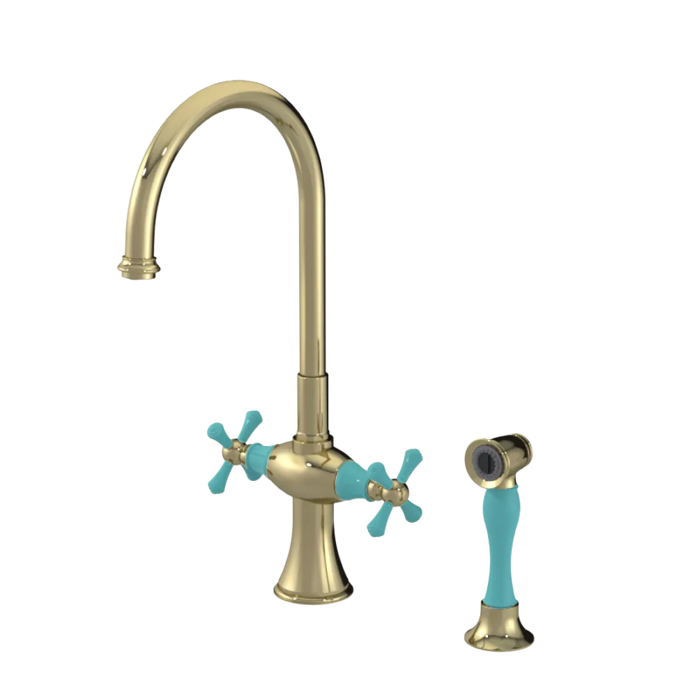 Rubinet Two Handle Single Hole Kitchen Set with Hand Spray Natural Brass