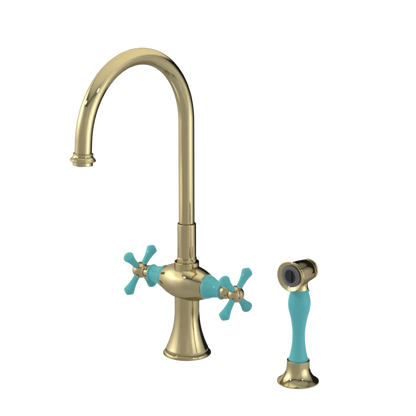 Rubinet Two Handle Single Hole Kitchen Set with Hand Spray Natural Brass