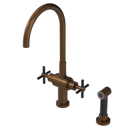 Rubinet Two Handle Single Hole Kitchen Set with LaSalle Spout with Hand Spray Tuscan Brass
