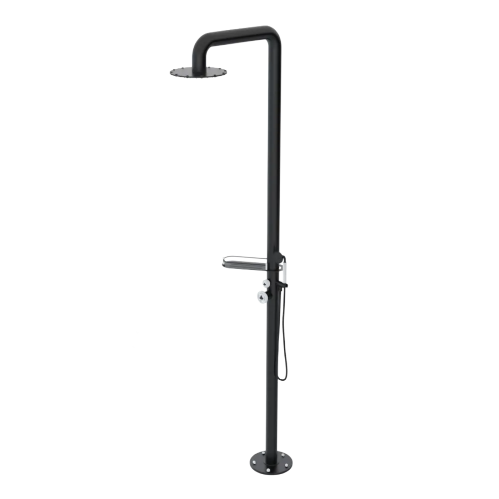 Rubinet Pressure Balance Outdoor Shower with Hand Held Shower & 10" Shower Head (with shelf) - 304 Stainless Steel Matt Black