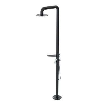 Rubinet Pressure Balance Outdoor Shower with Hand Held Shower & 10" Shower Head (with shelf) - 304 Stainless Steel Matt Black