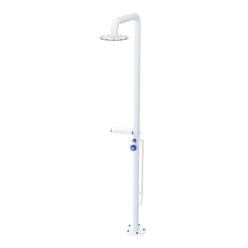 Rubinet Pressure Balance Outdoor Shower with Foot Rinse & 10" Shower Head (with shelf) - 304 Stainless Steel Matt White