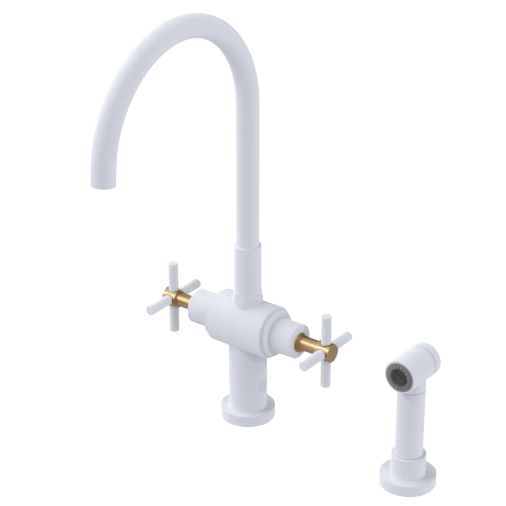 Rubinet Two Handle Single Hole Kitchen Set with LaSalle Spout with Hand Spray Matt White