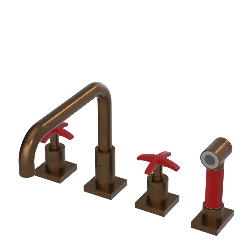 Rubinet Widespread Kitchen Set with Genesis Spout with Hand Spray Tuscan Brass