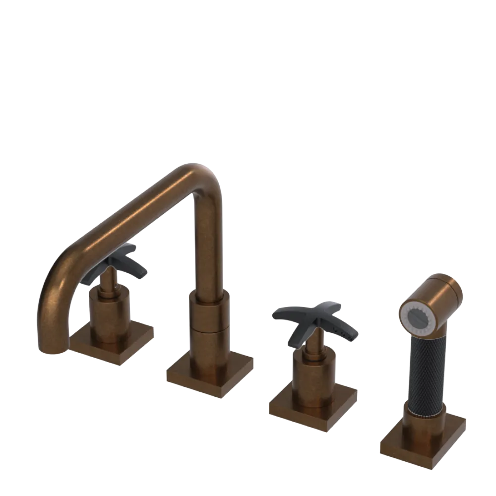 Rubinet Widespread Kitchen Set with Genesis Spout with Hand Spray Tuscan Brass