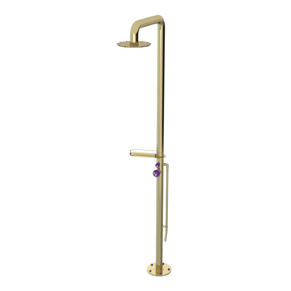 Rubinet Pressure Balance Outdoor Shower with Foot Rinse & 10" Shower Head (with shelf) - 304 Stainless Steel Bright Brass