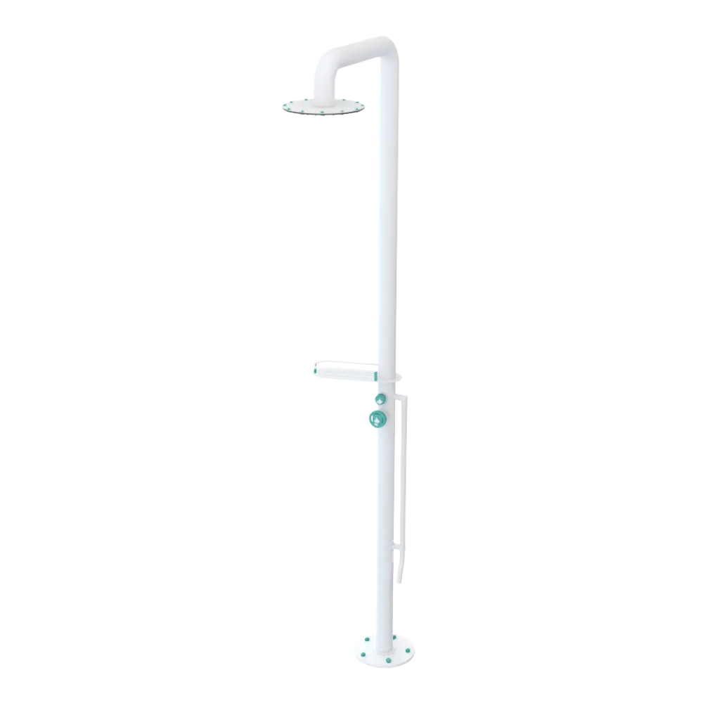 Rubinet Pressure Balance Outdoor Shower with Foot Rinse & 10" Shower Head (with shelf) - 304 Stainless Steel Matt White