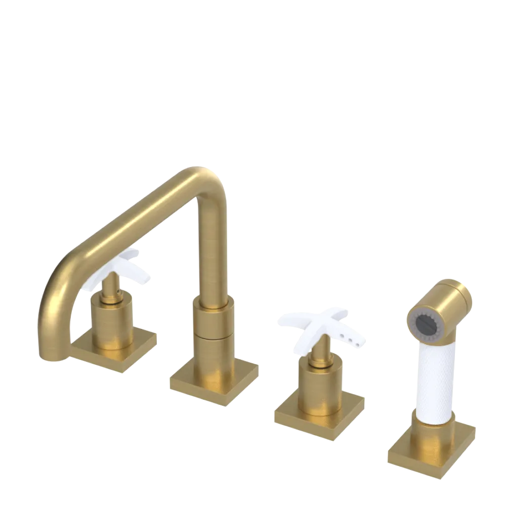 Rubinet Widespread Kitchen Set with Genesis Spout with Hand Spray Satin Brass