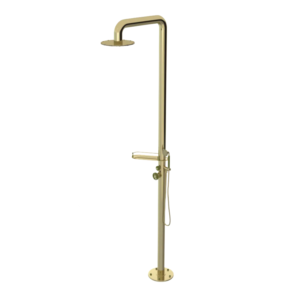Rubinet Pressure Balance Outdoor Shower with Hand Held Shower & 10" Shower Head (with shelf) - 304 Stainless Steel Bright Brass