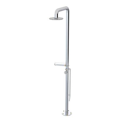Rubinet Pressure Balance Outdoor Shower with Foot Rinse & 10" Shower Head (with shelf) - 304 Stainless Steel Chrome