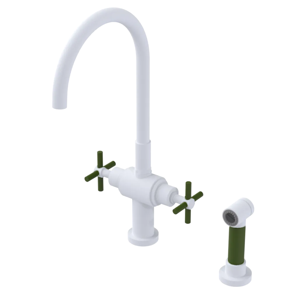 Rubinet Two Handle Single Hole Kitchen Set with LaSalle Spout with Hand Spray Matt White
