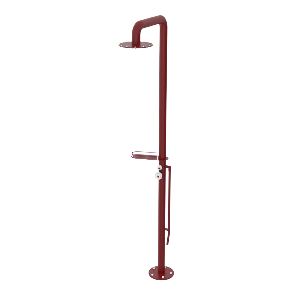 Rubinet Pressure Balance Outdoor Shower with Foot Rinse & 10" Shower Head (with shelf) - 304 Stainless Steel Maroon