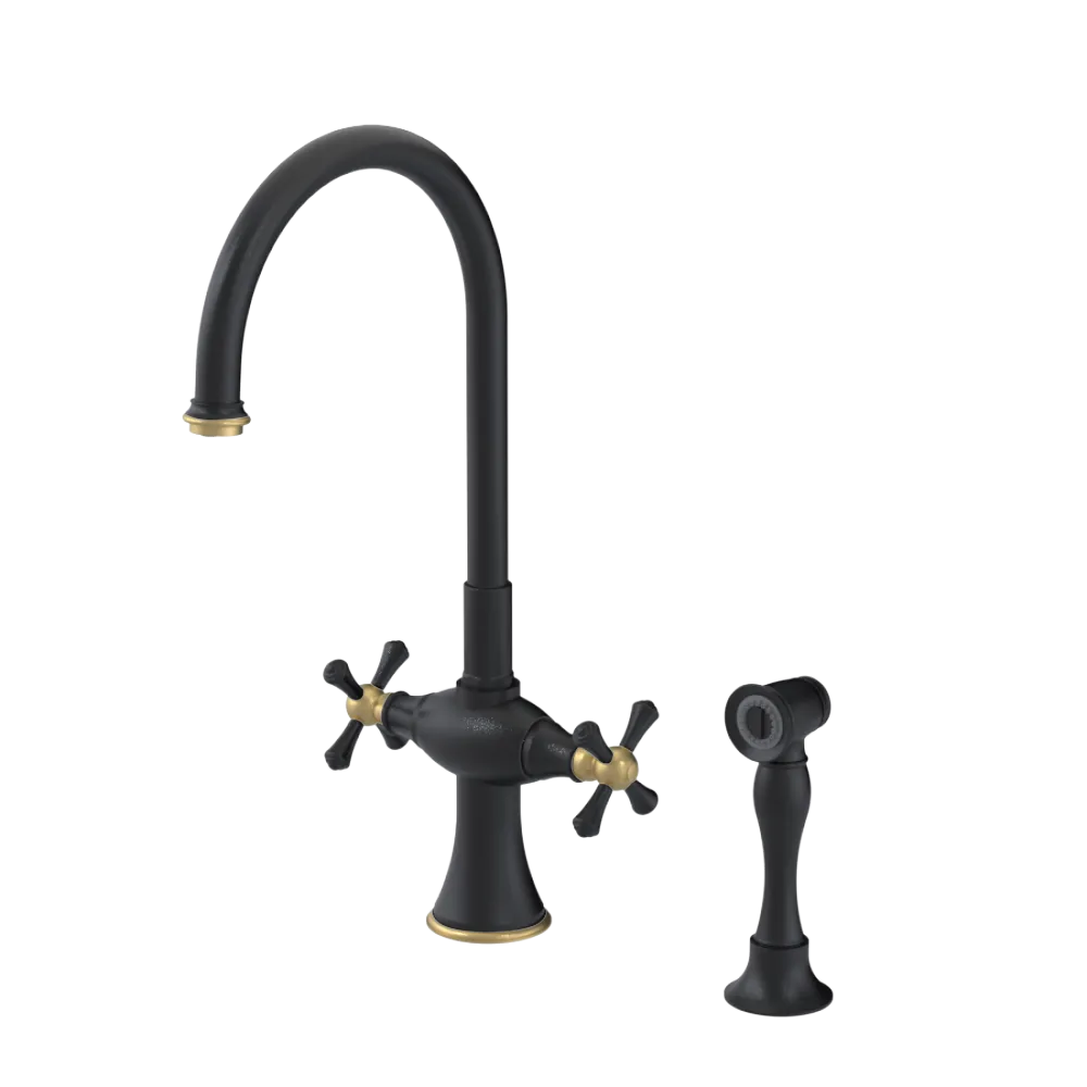 Rubinet Two Handle Single Hole Kitchen Set with Hand Spray Matt Black