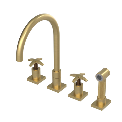 Rubinet Widespread Kitchen Set with Hand Spray Satin Brass