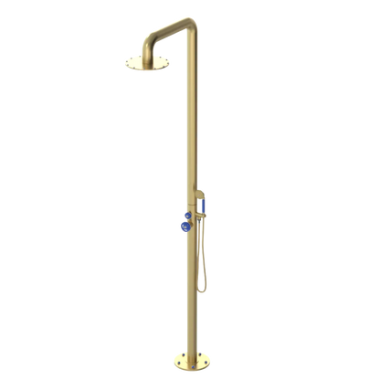 Rubinet Pressure Balance Outdoor Shower with Hand Held Shower & 10" Shower Head - 304 Stainless Steel Satin Brass