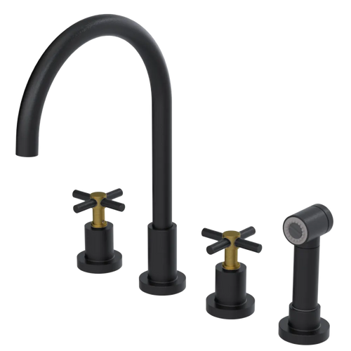 Rubinet Widespread Kitchen Set with LaSalle Spout with Hand Spray Matt Black
