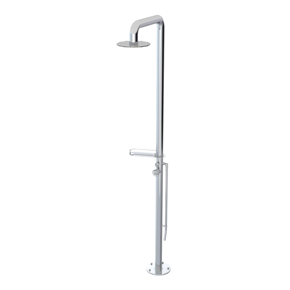 Rubinet Pressure Balance Outdoor Shower with Foot Rinse & 10" Shower Head (with shelf) - 304 Stainless Steel Chrome