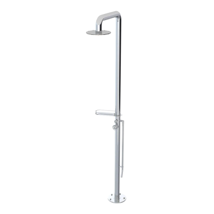 Rubinet Pressure Balance Outdoor Shower with Foot Rinse & 10" Shower Head (with shelf) - 304 Stainless Steel Chrome